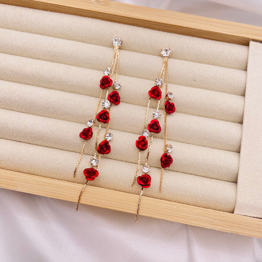 Red Rose Tassel Earrings